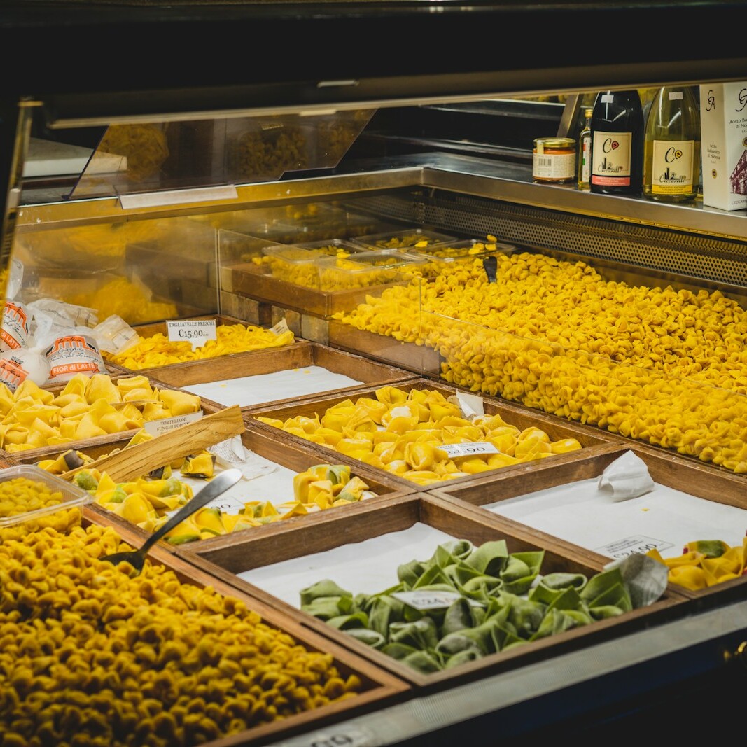 a counter with various foods on it